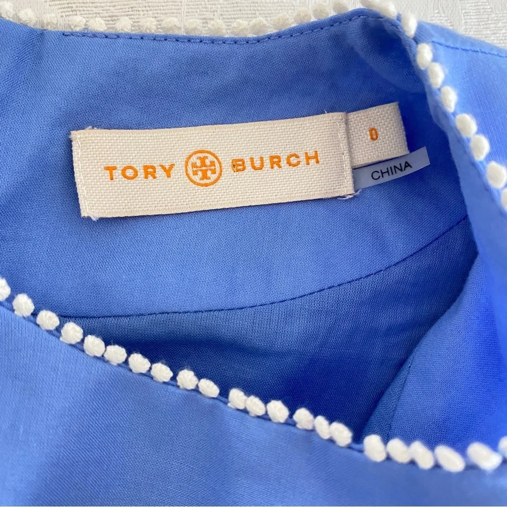 Tory Burch blue white embroidery top